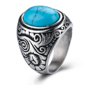Turquoise engraved real stone stainless steel ring (sold by the piece)