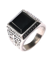 Square black stone engraved real stone sterling plated ring (sold by the piece)