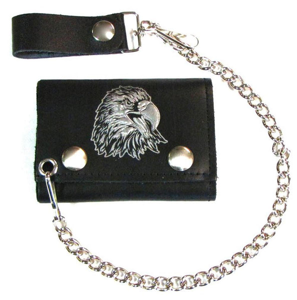 SCREAMING EAGLE HEAD TRIFOLD LEATHER WALLETS WITH CHAIN