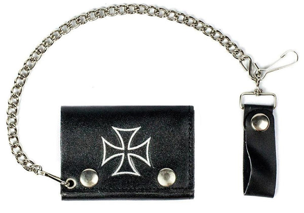 IRON CROSS TRIFOLD LEATHER WALLETS WITH CHAIN