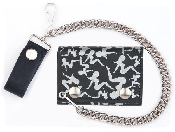 MULTIPLE TRUCKER MUD FLAP GIRLS TRIFOLD LEATHER WALLETS WITH CHAIN