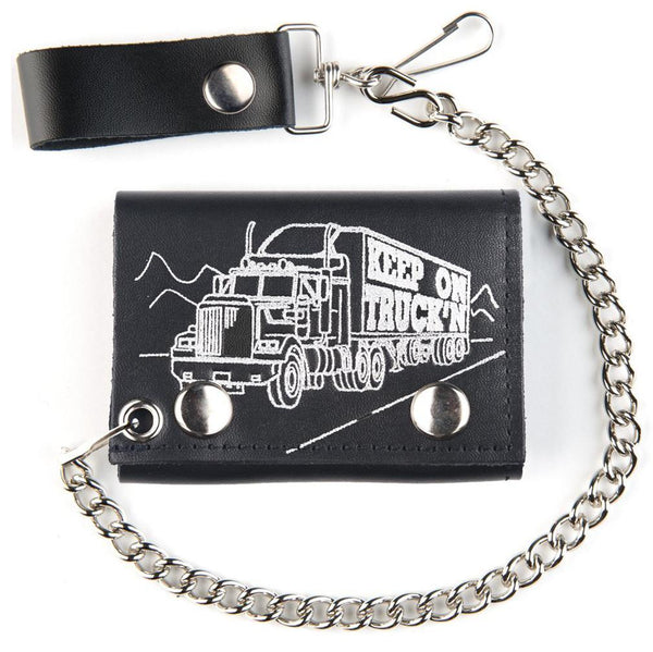 KEEP ON TRUCKIN TRIFOLD LEATHER WALLETS WITH CHAIN