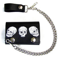 TRIPLE SKULLS TRIFOLD LEATHER WALLETS WITH CHAIN