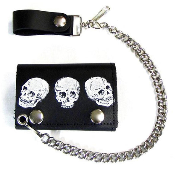 TRIPLE SKULLS TRIFOLD LEATHER WALLETS WITH CHAIN
