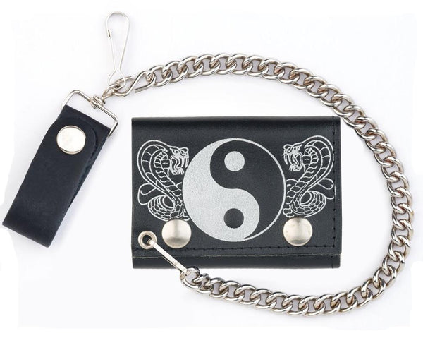 YIN YANG COBRA SNAKES TRIFOLD LEATHER WALLETS WITH CHAIN