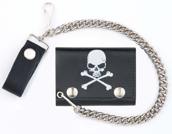 SKULL AND CROSS BONES TRIFOLD LEATHER WALLETS WITH CHAIN