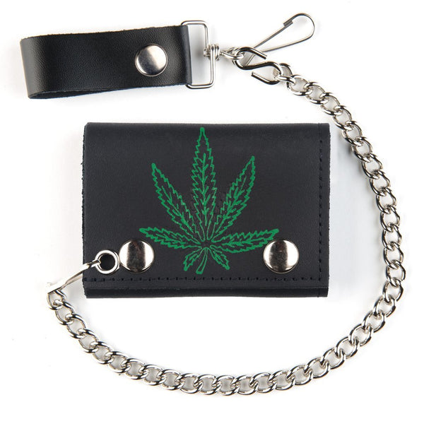 MARIJUANA POT LEAF TRIFOLD LEATHER WALLETS WITH CHAIN