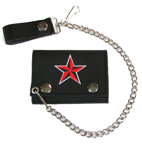 NAUTICAL RED STAR TRIFOLD LEATHER WALLETS WITH CHAIN