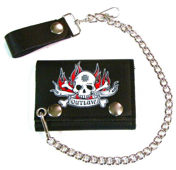 OUTLAW SKULL FLAMES TRIFOLD LEATHER WALLETS WITH CHAIN