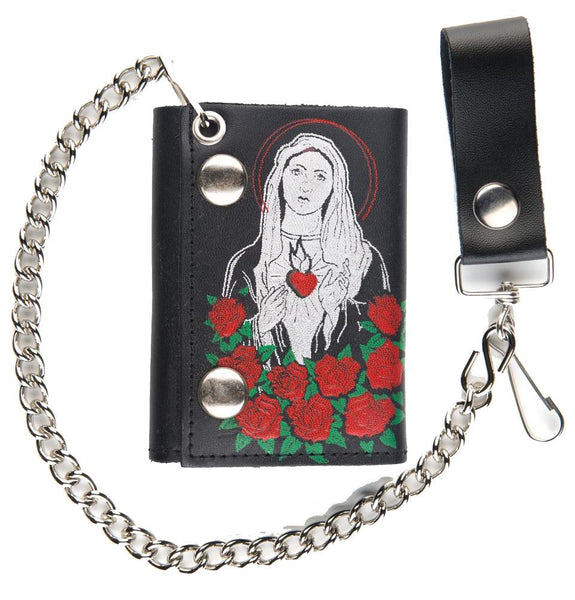 GUADALUPE MARY ROSES TRIFOLD LEATHER WALLETS WITH CHAIN