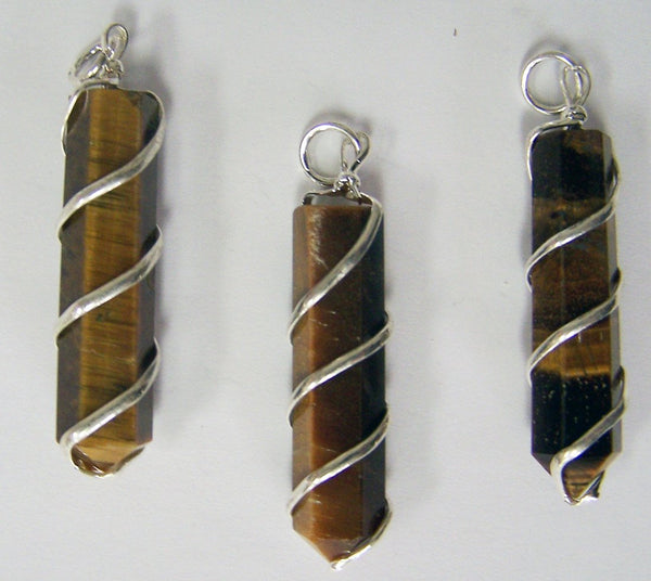 TIGER EYE COIL WRAPPED POINT STONE PENDANT