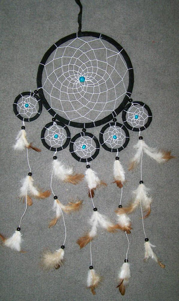 TURQUOISE BEADS 22 INCH BLACK DREAM CATHER WITH FEATHERS