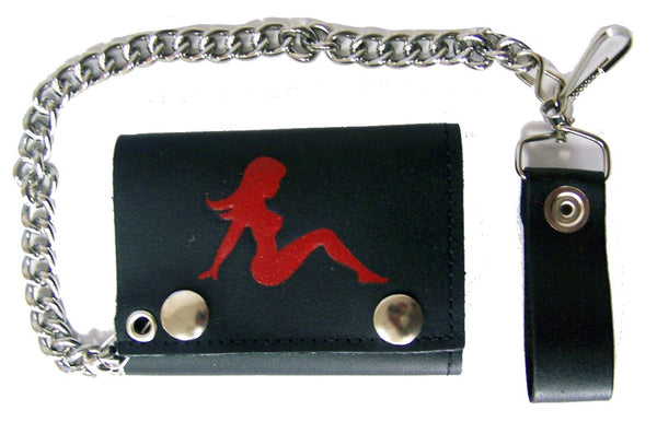 RED MUD FLAP TRUCKER GIRL TRIFOLD LEATHER WALLETS WITH CHAIN