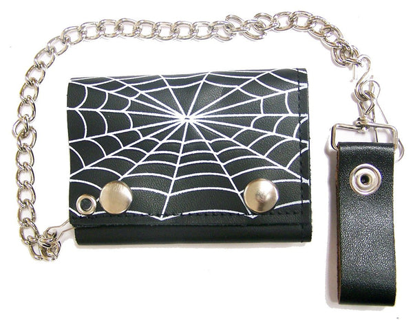 SPIDER WEB TRIFOLD LEATHER WALLETS WITH CHAIN