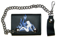 TRUCKER MUDFLAP GIRL BLUE FLAMES TRIFOLD LEATHER WALLETS WITH CHAIN