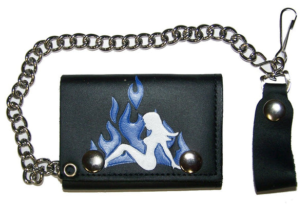 TRUCKER MUDFLAP GIRL BLUE FLAMES TRIFOLD LEATHER WALLETS WITH CHAIN