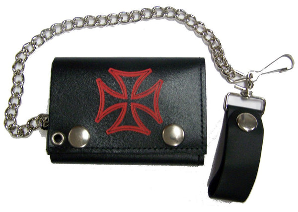 RED IRON CROSS TRIFOLD LEATHER WALLETS WITH CHAIN