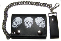 TRIPLE SKULL HEADS TRIFOLD LEATHER WALLETS WITH CHAIN
