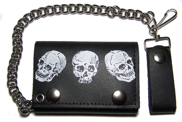 TRIPLE SKULL HEADS TRIFOLD LEATHER WALLETS WITH CHAIN