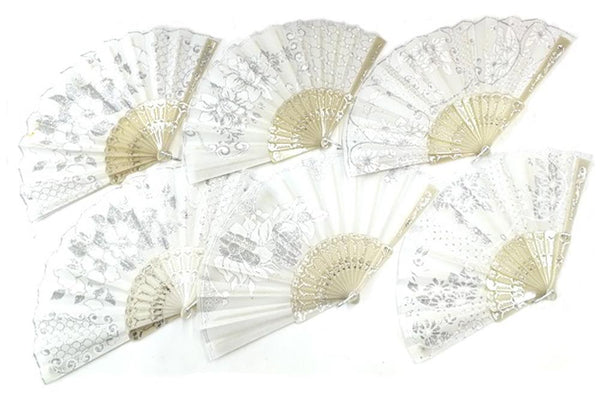 WHITE WEDDING FABRIC LACE HAND FANS