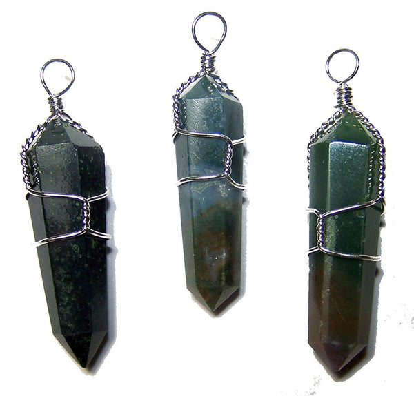 WIRE WRAPPED MOSS AGATE POINT CUT STONE PENDANTS