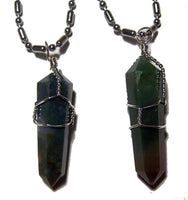 STAINLESS STEEL BALL CHAIN NECKLACE WITH WIRE WRAPPED MOSS AGATE STONE PENDANT