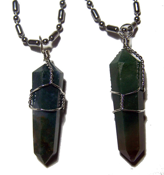STAINLESS STEEL BALL CHAIN NECKLACE WITH WIRE WRAPPED MOSS AGATE STONE PENDANT