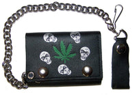 SKULL HEADS MARIJUANA TRIFOLD LEATHER WALLET WITH CHAIN
