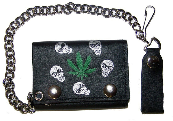 SKULL HEADS MARIJUANA TRIFOLD LEATHER WALLET WITH CHAIN