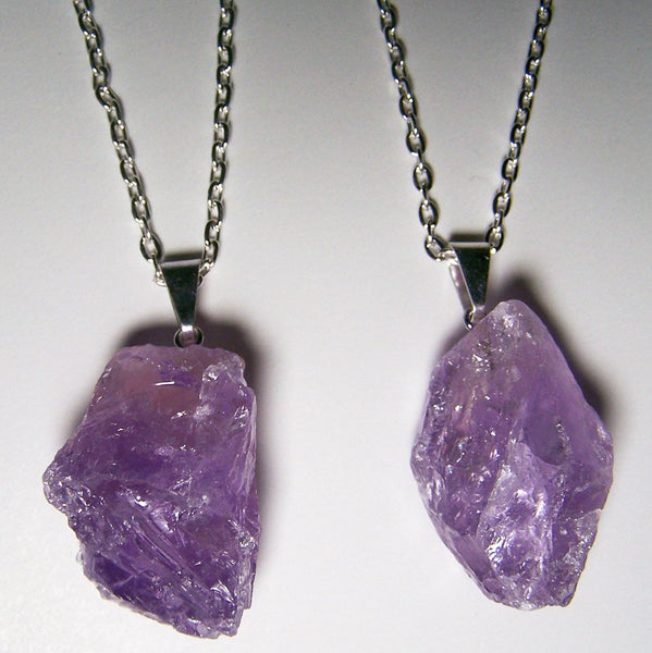 AMETHYST ROUGH NATURAL MINERAL STONE 18 IN SILVER LINK CHAIN NECKLACE