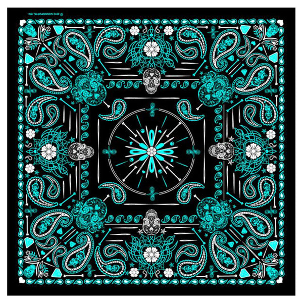 DELUXE TURQUOISE BLUE PAISLEY RETRO SKULLS BANDANA (Sold by the piece or dozen) BANDANNA