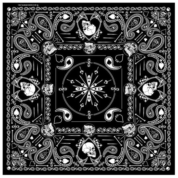 DELUXE BLACK WHITE SPADE PAISLEY SKULLS BANDANA (Sold by the piece or dozen) BANDANNA