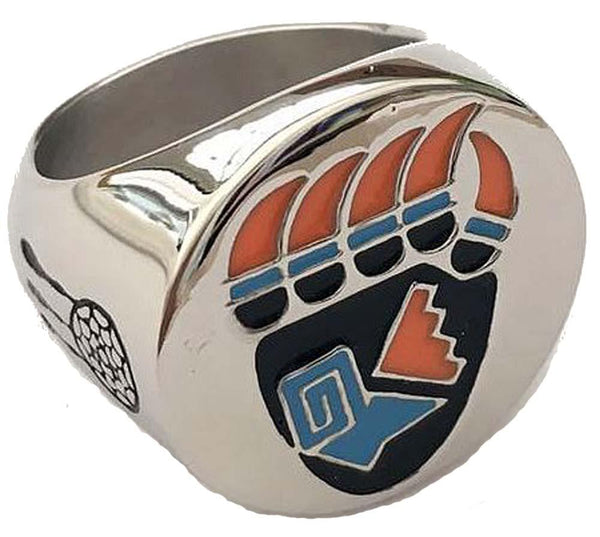 COLORED BEAR CLAW W PAW / DREAMCATCHER STAINLESS STEEL BIKER RING