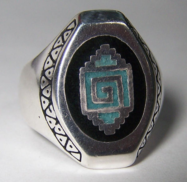 INLAYED NATIVE DESIGN SILVER DELUXE BIKER RING