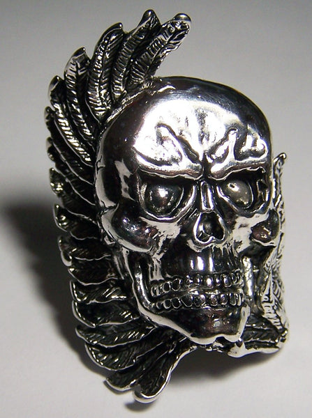 LARGE SKULL HEAD WING WRAPPED SILVER DELUXE BIKER RING