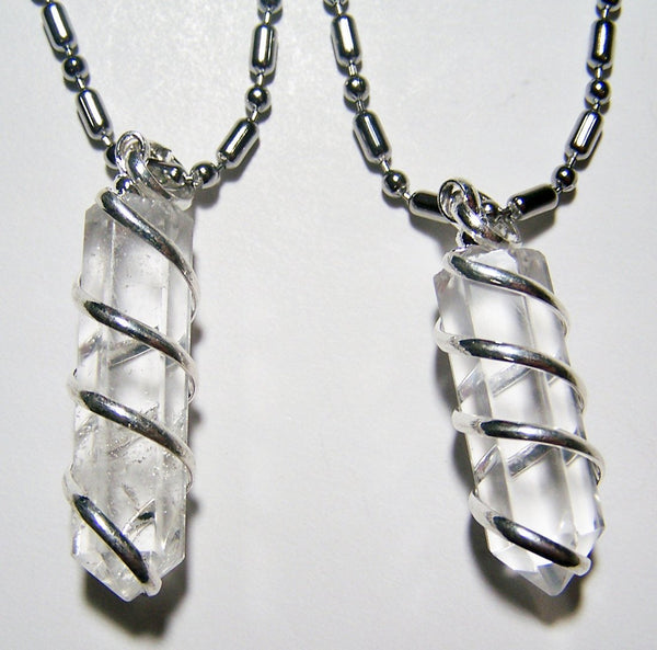 CLEAR QUARTZ CRYSTAL COIL WRAPPED STONE STAINLESS STEEL BALL CHIAN NECKLACE
