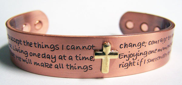 SERENITY PRAYER CROSS PURE COPPER SIX MAGNET CUFF BRACELET