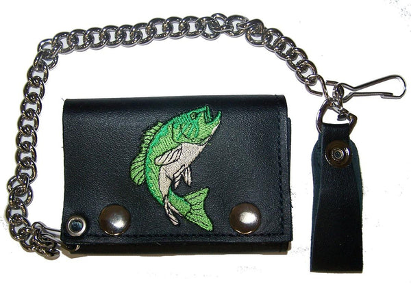 EMBROIDERED FISH TRIFOLD LEATHER WALLET WITH CHAIN