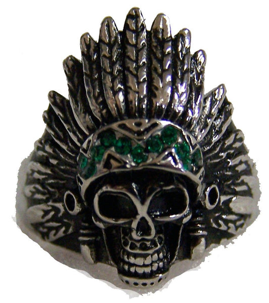 INDIAN CHEIF W GREEN BAND STAINLESS STEEL BIKER RING