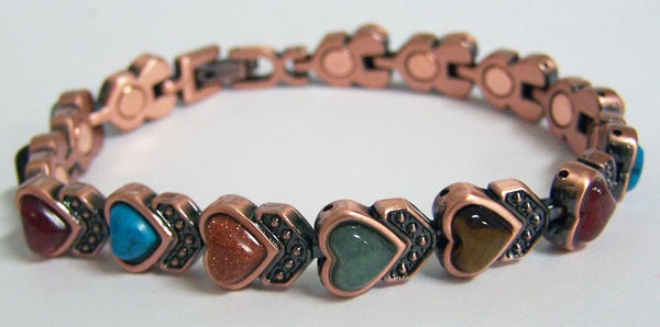 SOLID COPPER MAGNETIC HEART SHAPED MIXED STONES LINK BRACELET