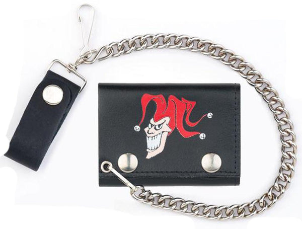 JOKER JESTER CLOWN TRIFOLD LEATHER WALLETS WITH CHAIN