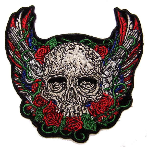 INHOUSE SKULL GUNS ROSES 4 INCH EMBROIDERED PATCH