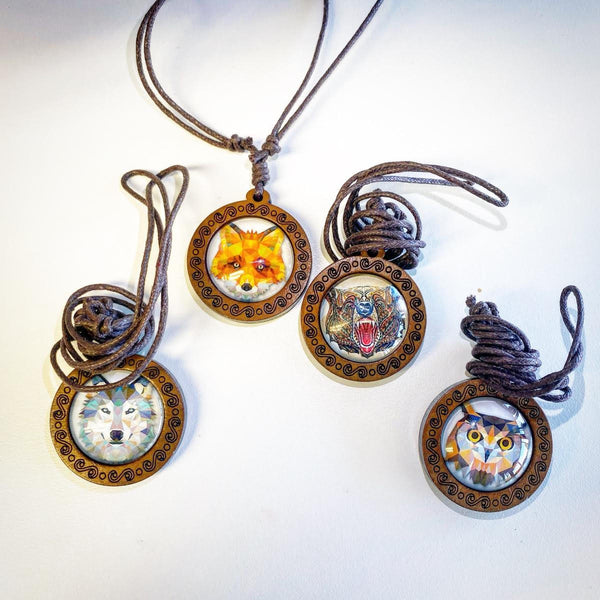 Wood Prism 3D Like Animal Necklaces On Adjustable Wax Rope Necklace WOLF, BEAR, FOX, OWL (sold by the piece)
