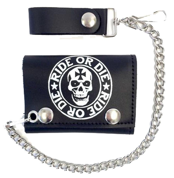 RIDE OR DIE SKULL HEAD TRIFOLD LEATHER WALLETS WITH CHAIN