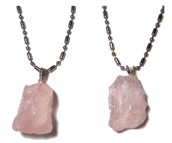 ROSE QUARTZ  ROUGH NATURAL MINERAL STONE STAINLESS STEEL BALL CHAIN NECKLACE