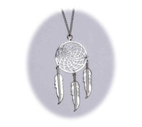 18 INCH METAL DREAM CATCHER SILVER NECKLACE WITH FEATHERS (SOLD BY THE PIECE)