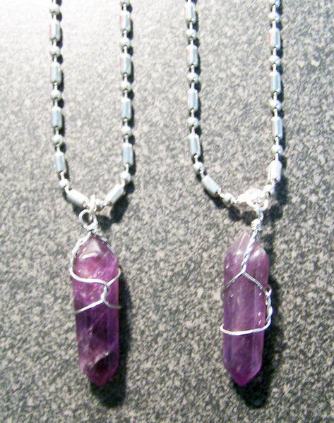STAINLESS STEEL BALL CHAIN NECKLACE WITH WIRE WRAPPED AMETHYST CRYSTAL PENDANT