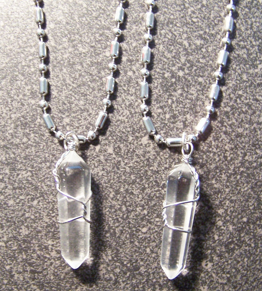 STAINLESS STEEL BALL CHAIN NECKLACE WITH WIRE WRAPPED CLEAR CRYSTAL PENDANT