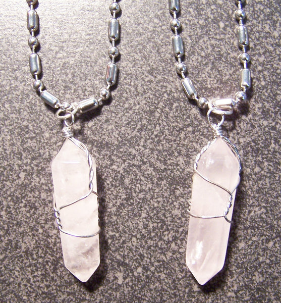 STAINLESS STEEL BALL CHAIN NECKLACE WITH WIRE WRAPPED ROSE CRYSTAL PENDANT