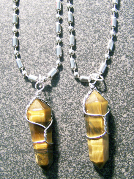 STAINLESS STEEL BALL CHAIN NECKLACE WITH WIRE WRAPPED TIGER EYE STONE